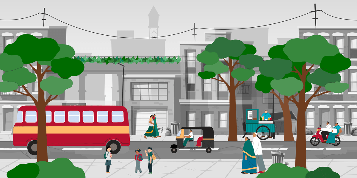 Ilustración de una escena urbana con árboles, un autobús y gente caminando y viajando.