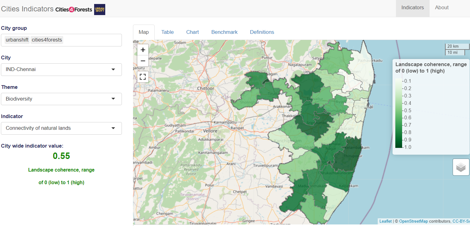 un mapa que muestra la conectividad de las zonas verdes en chennai, india