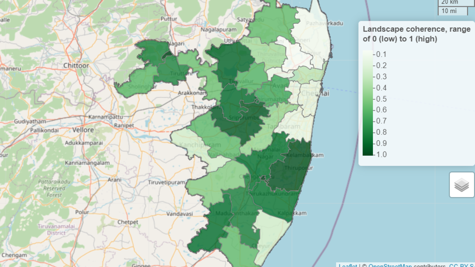 Captura de pantalla del panel que muestra la conectividad de las zonas verdes de Chennai.