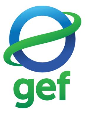 el logotipo del fondo para el medio ambiente mundial. una cinta verde envuelve un círculo azul, y debajo aparece gef en minúsculas verdes.