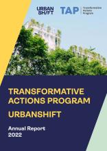 Portada del Informe Anual del Programa de Acciones Transformadoras UrbanShift 2022. Una fotografía de un edificio con árboles en la fachada está bordeada por bloques amarillos, azules y verde pálido.