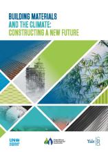 portada del informe materiales de construcción y clima: construyendo un nuevo futuro. tema azul y verde, con un diseño geométrico en el que aparecen edificios e imágenes de la naturaleza.