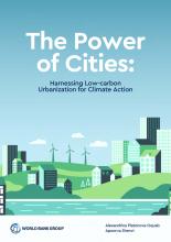 la portada del informe El poder de las ciudades: Aprovechar la urbanización con bajas emisiones de carbono para la acción por el clima. La portada es una ilustración de estilo gráfico de un horizonte urbano con turbinas eólicas de fondo, en tonos azules y verdes.