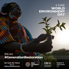 una imagen para el Día Mundial del Medio Ambiente. Una persona sostiene un brote de planta contra un cielo suavemente iluminado, y #GenerationRestoration es visible en primer plano.